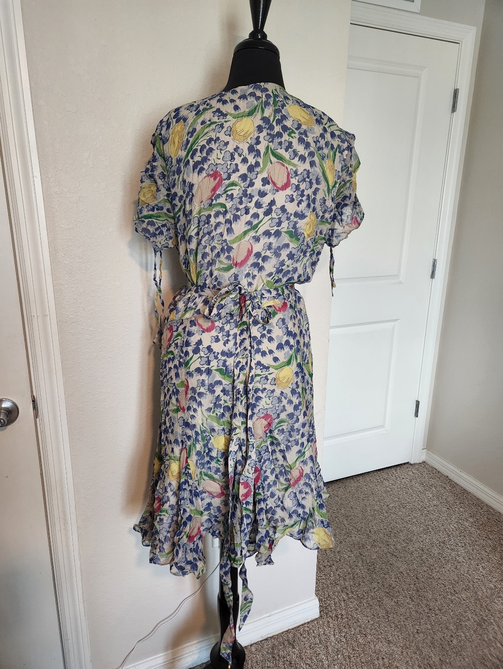 Polo by Ralph Lauren Blue Floral Wrap Mini Dress with Pastel Tulips - Picture 7 of 12